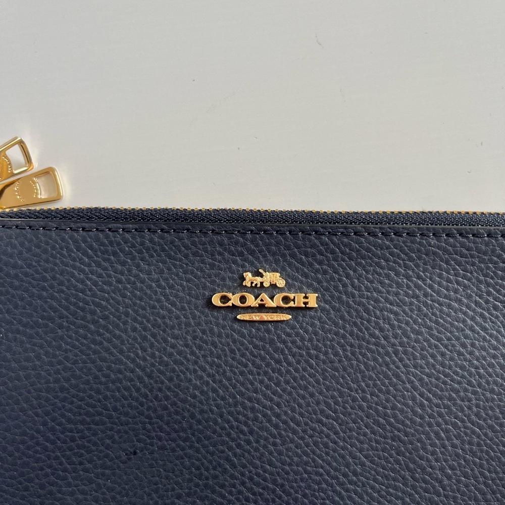 Coach Navy blue Leather double zipper Wristlet with Gold Accents - Picture 2 of 9